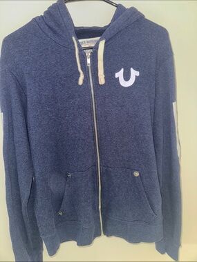 True Religion Navy Zip Hoodie with White Logo and Cream Drawstrings